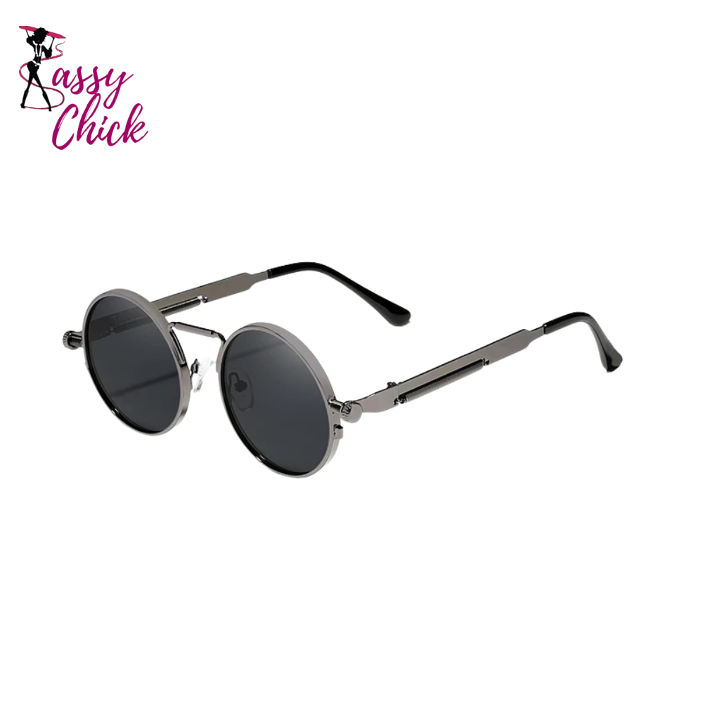 Vintage Round Metal Frame Polarized Gothic Steampunk Sunglasses Sassy Chock Logo
