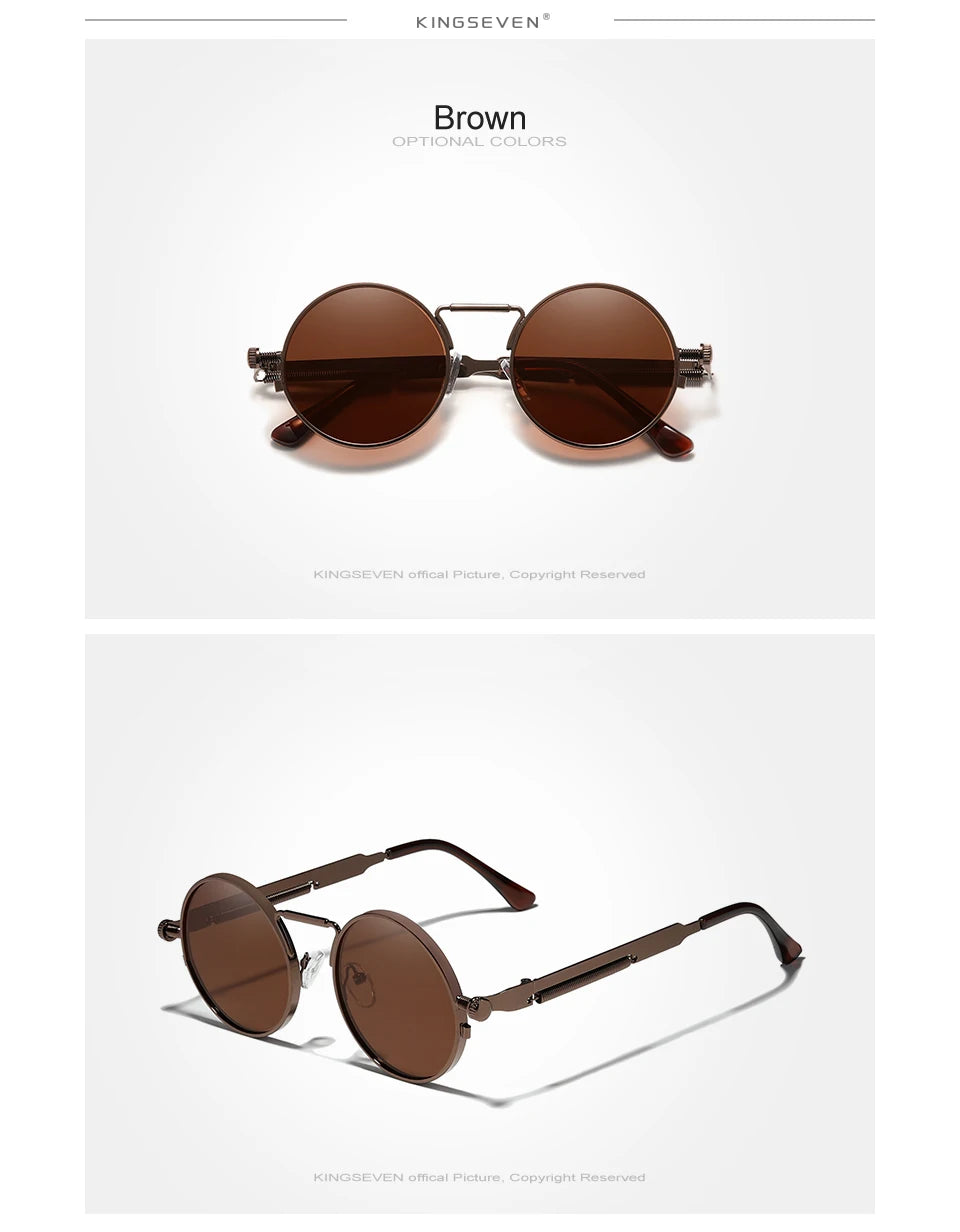 Brown Vintage Round Metal Frame Polarized Gothic Steampunk Sunglasses