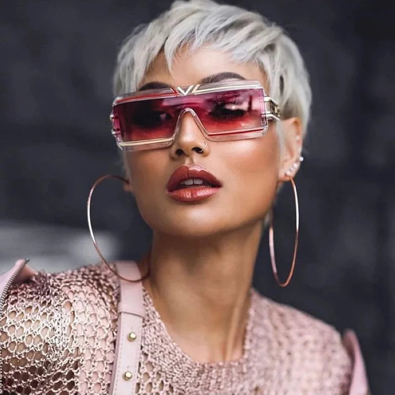 Model Using Vintage Steampunk Big Frame Flat Top Rectangle Sunglasses