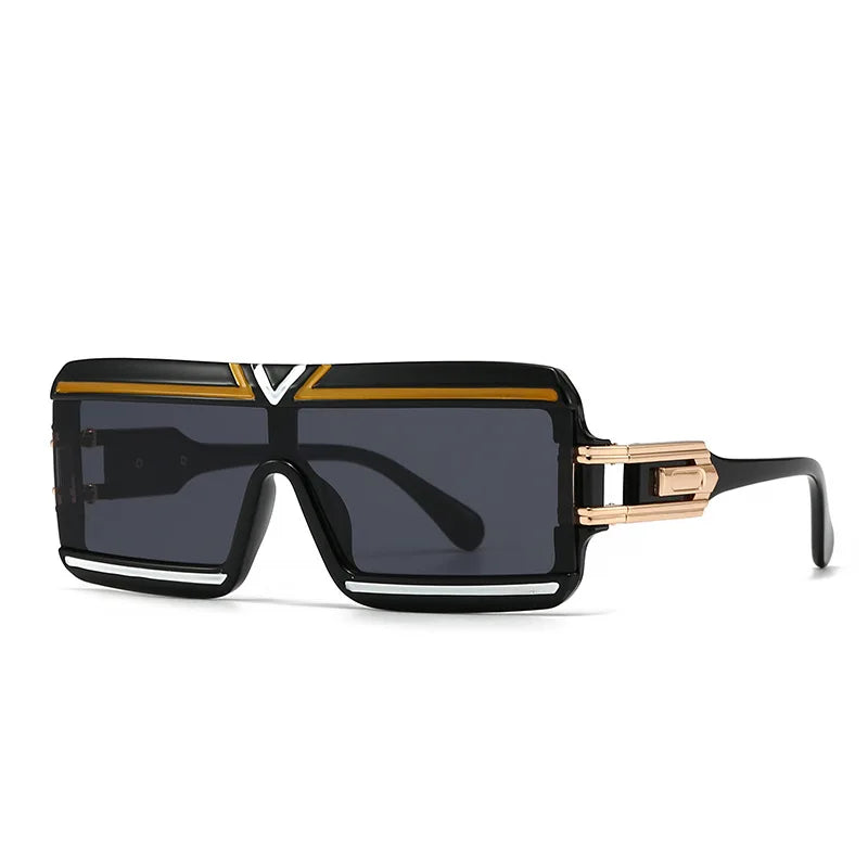 Black Vintage Steampunk Big Frame Flat Top Rectangle Sunglasses