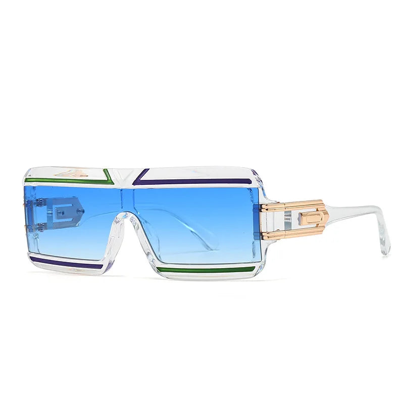 Blue Vintage Steampunk Big Frame Flat Top Rectangle Sunglasses