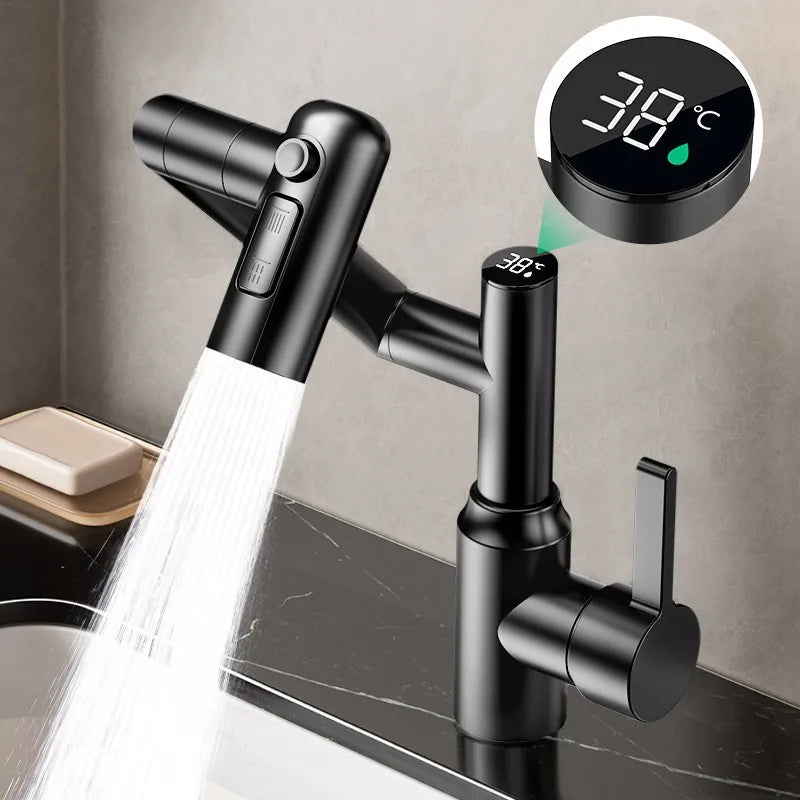Rotating mechanical arm bathroom faucet with digital display for hot and cold water