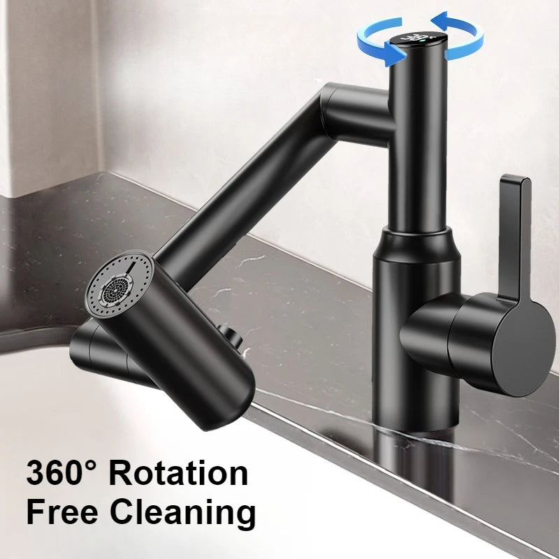 Rotating mechanical arm bathroom faucet with digital display for hot and cold water