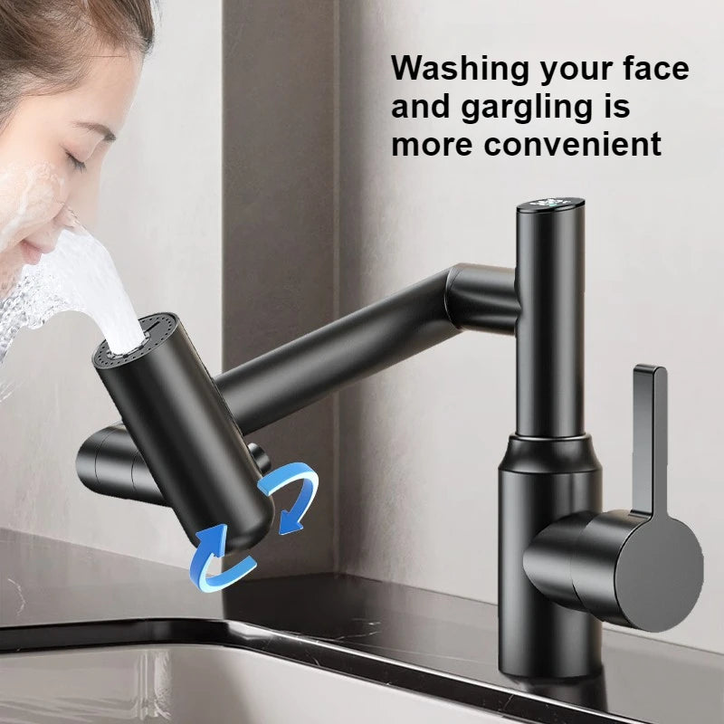 Rotating mechanical arm bathroom faucet with digital display for hot and cold water