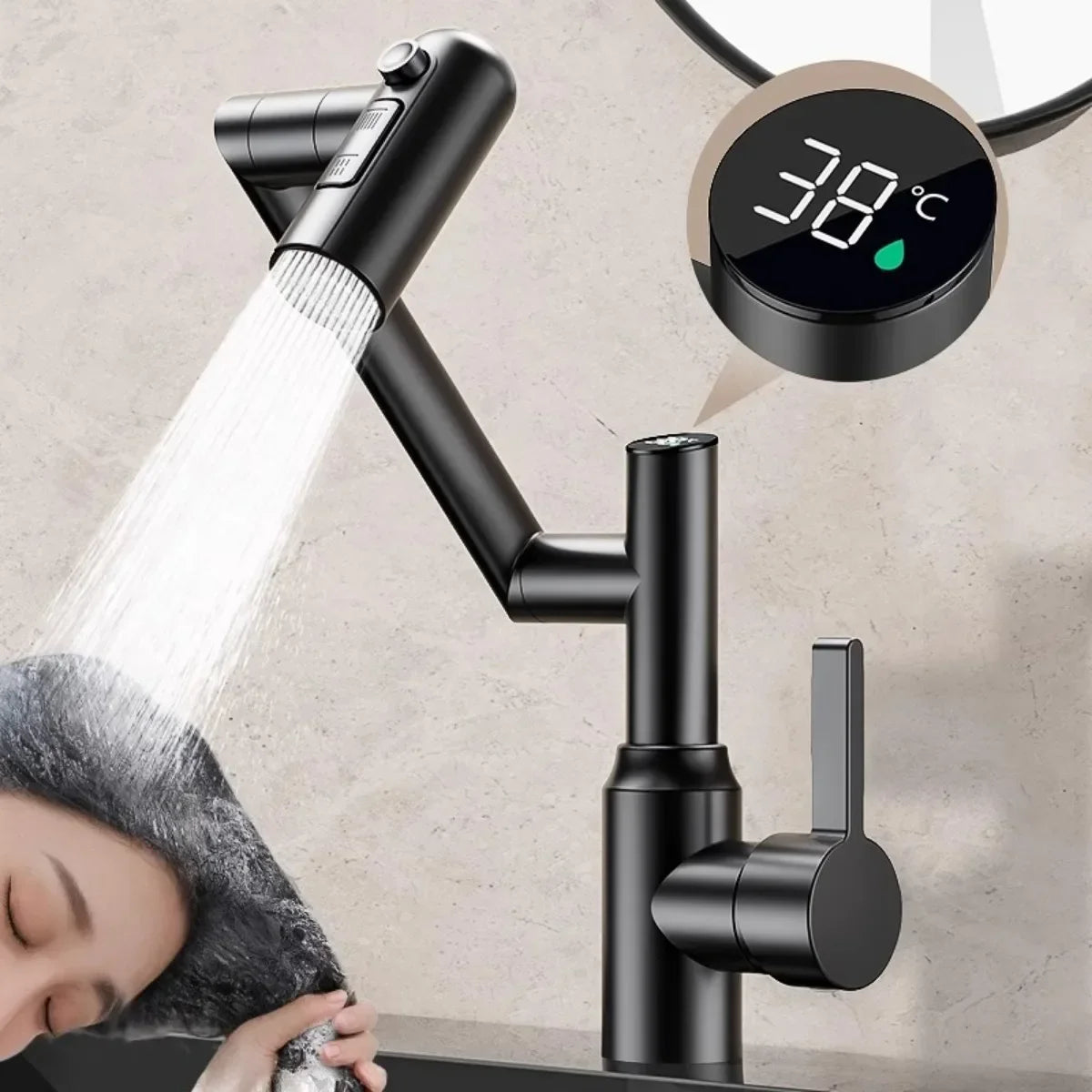Rotating mechanical arm bathroom faucet with digital display for hot and cold water