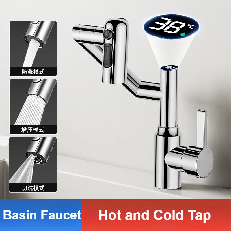 Rotating mechanical arm bathroom faucet with digital display for hot and cold water