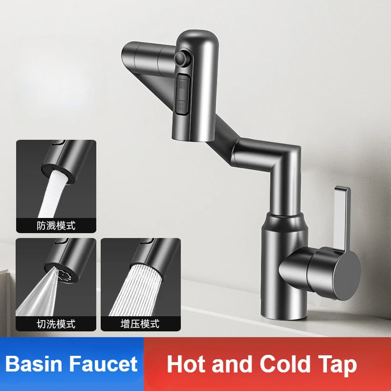 Rotating mechanical arm bathroom faucet with digital display for hot and cold water