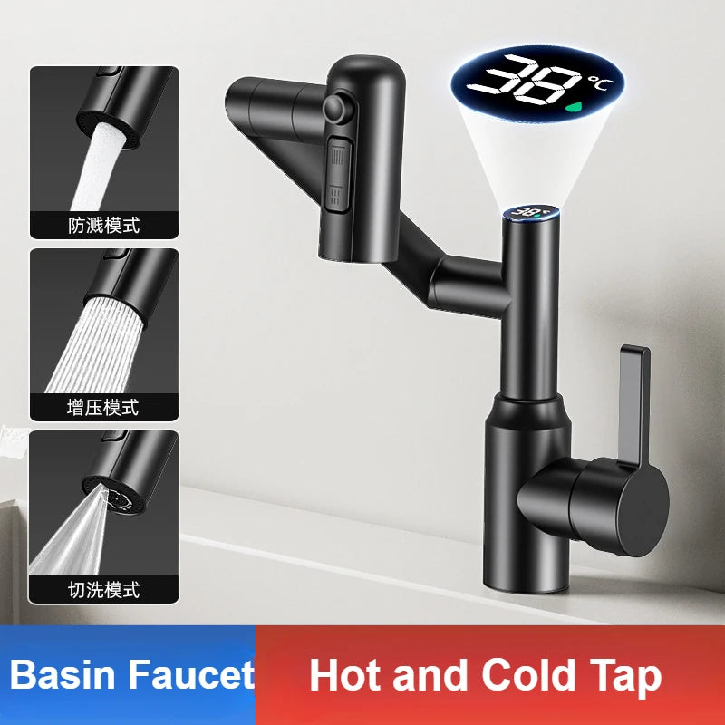 Rotating mechanical arm bathroom faucet with digital display for hot and cold water