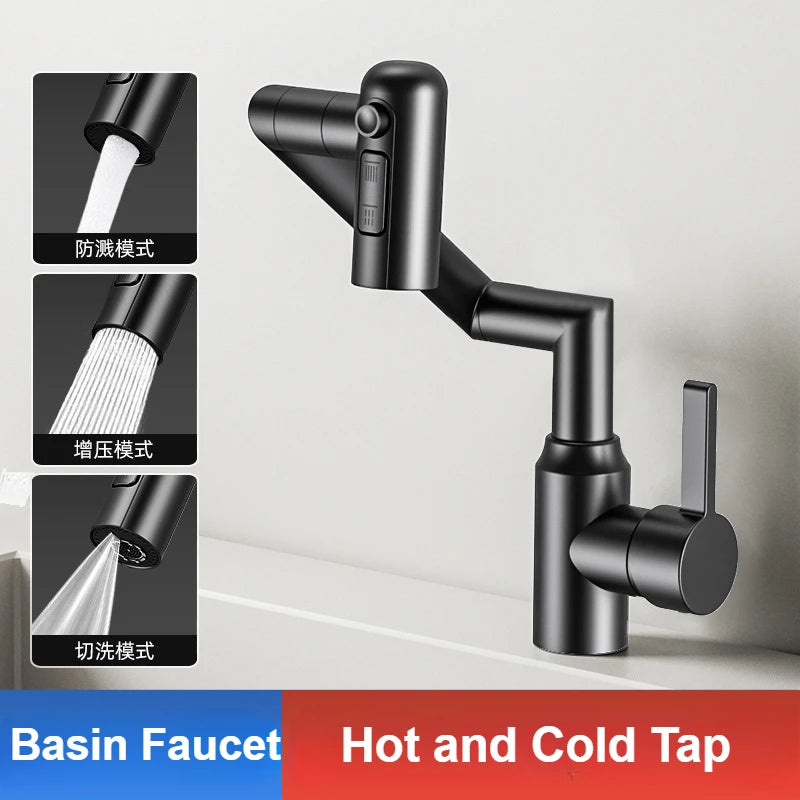 Rotating mechanical arm bathroom faucet with digital display for hot and cold water