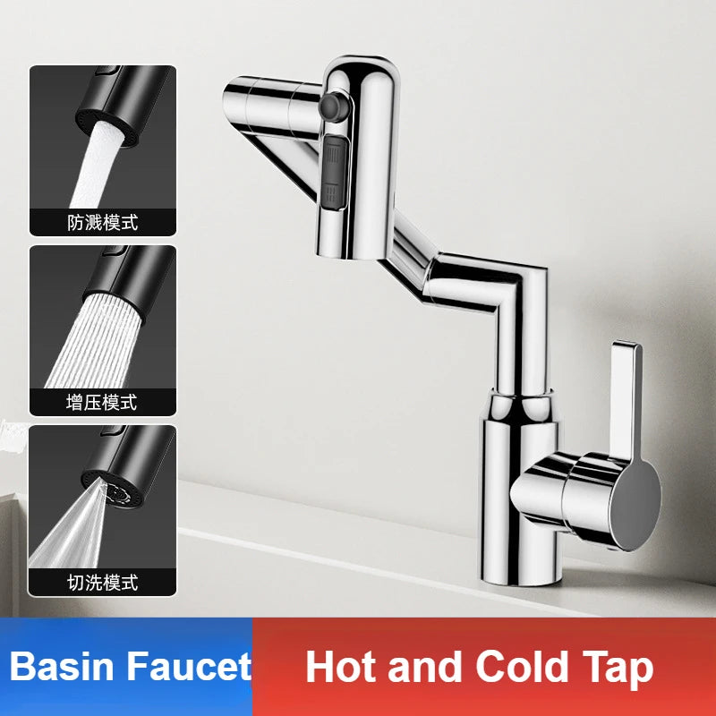 Rotating mechanical arm bathroom faucet with digital display for hot and cold water