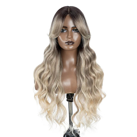 Water Wave Synthetic Lace Front Wig  28 Inch black bleach