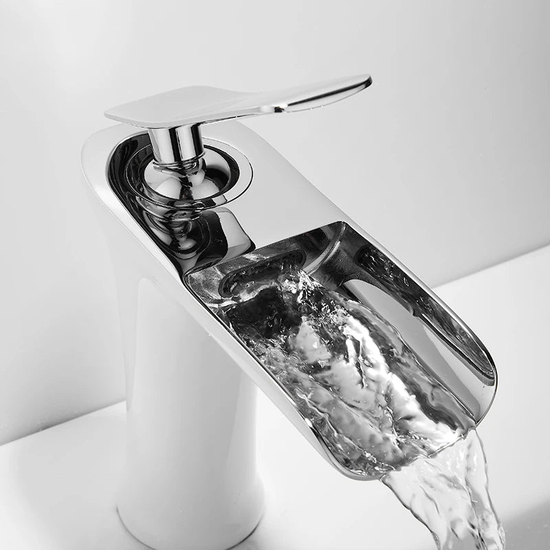 Waterfall brass basin faucet mixer in chrome, white, black, and antique finishes