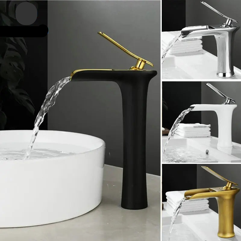 Waterfall brass basin faucet mixer in chrome, white, black, and antique finishes