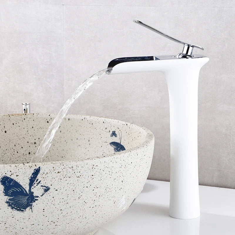 Waterfall brass basin faucet mixer in chrome, white, black, and antique finishes