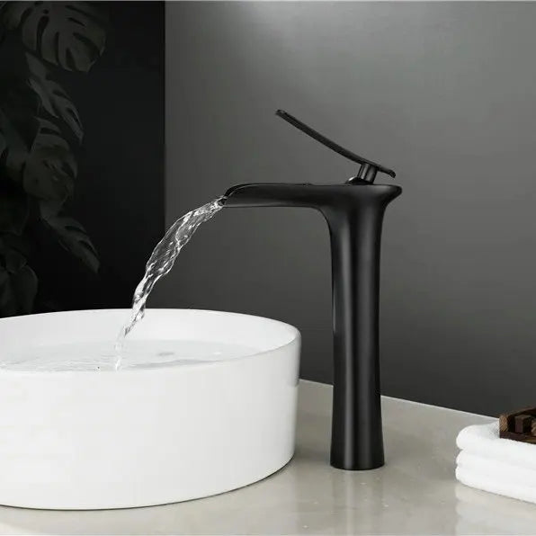 Waterfall brass basin faucet mixer in chrome, white, black, and antique finishes