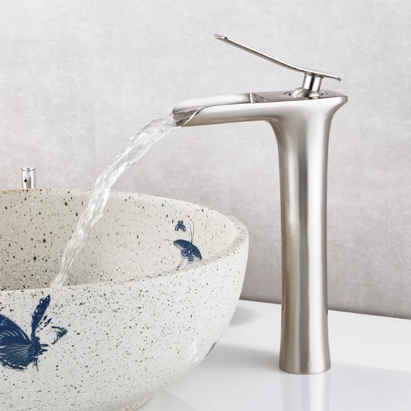 Waterfall brass basin faucet mixer in chrome, white, black, and antique finishes