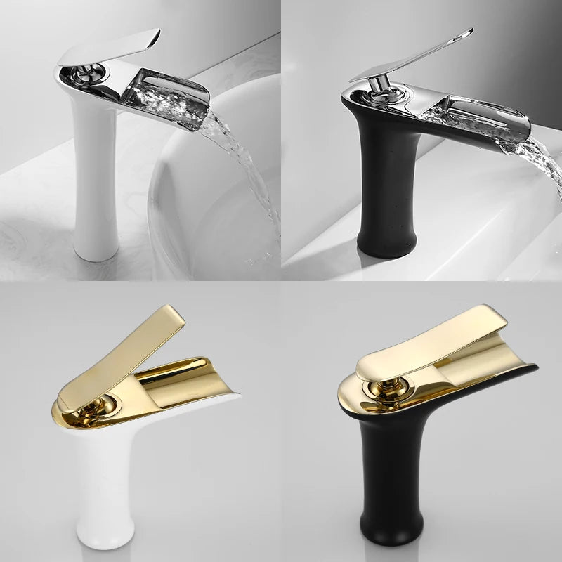 Waterfall brass basin faucet mixer in chrome, white, black, and antique finishes