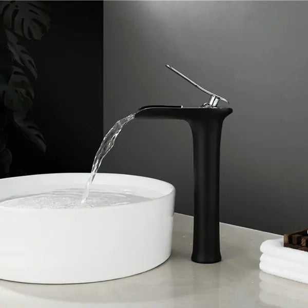 Waterfall brass basin faucet mixer in chrome, white, black, and antique finishes