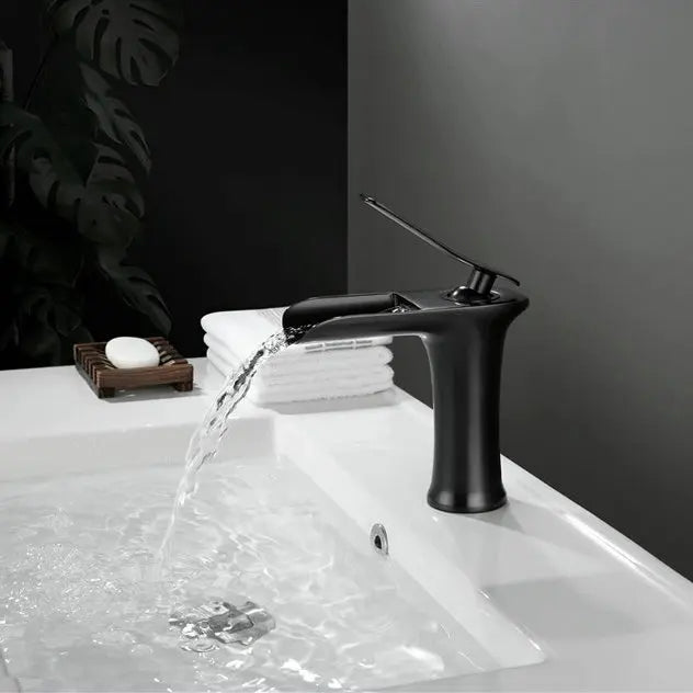 Waterfall brass basin faucet mixer in chrome, white, black, and antique finishes