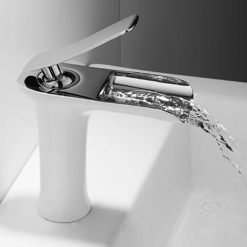 Waterfall brass basin faucet mixer in chrome, white, black, and antique finishes