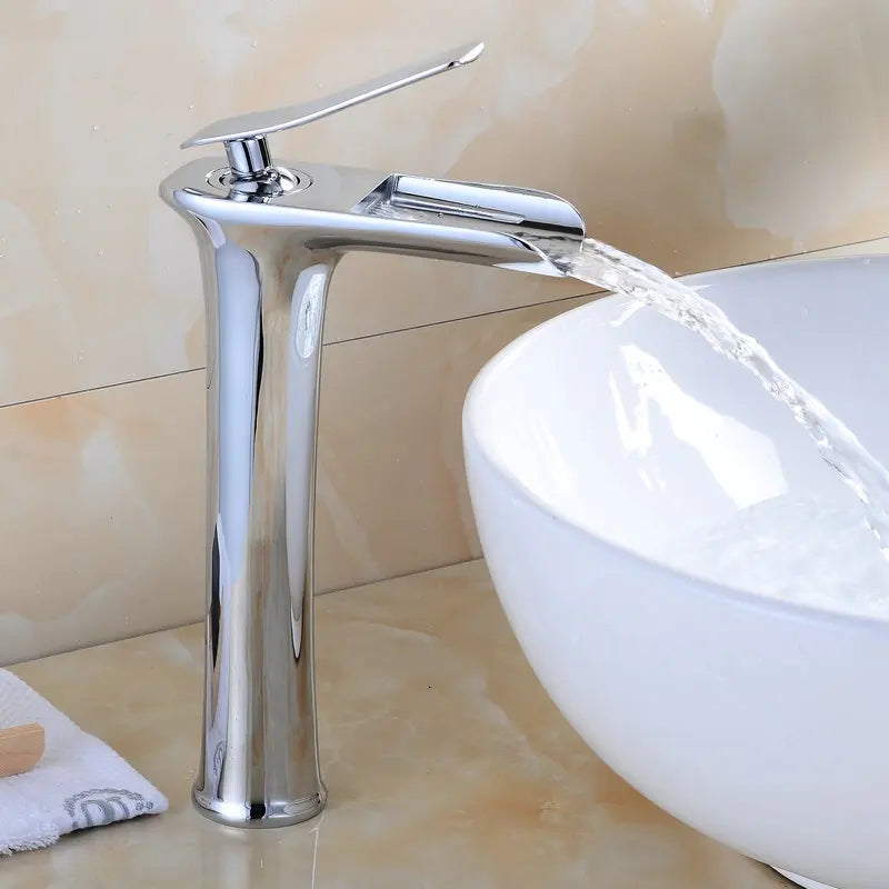 Waterfall brass basin faucet mixer in chrome, white, black, and antique finishes