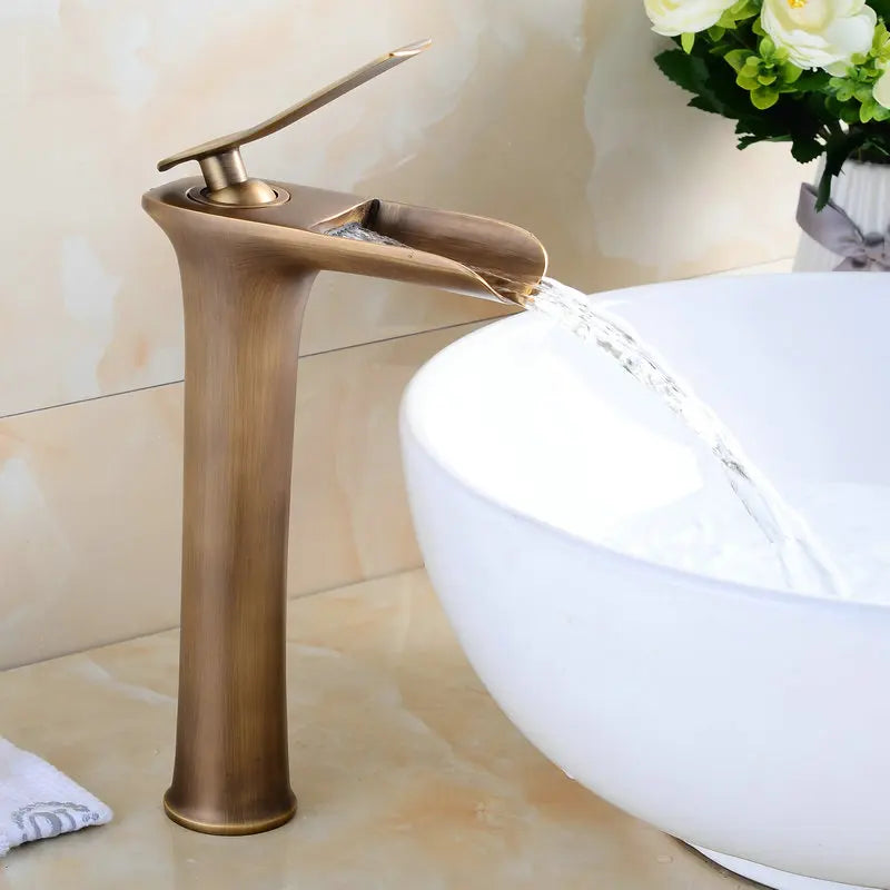 Waterfall brass basin faucet mixer in chrome, white, black, and antique finishes