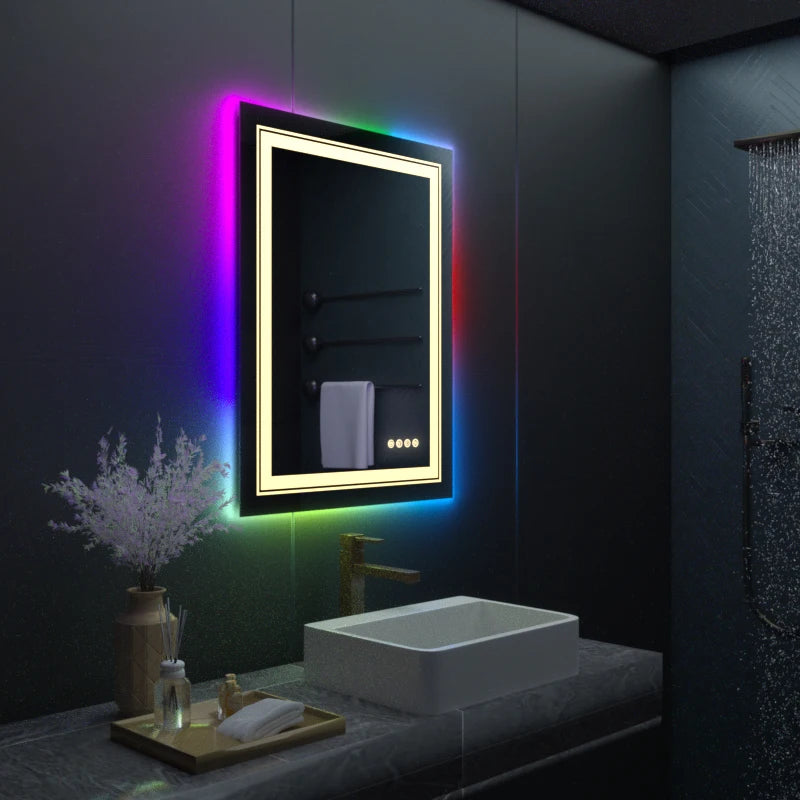 Wall-mounted rectangle RGB LED bathroom mirror with waterproof and anti-fog features