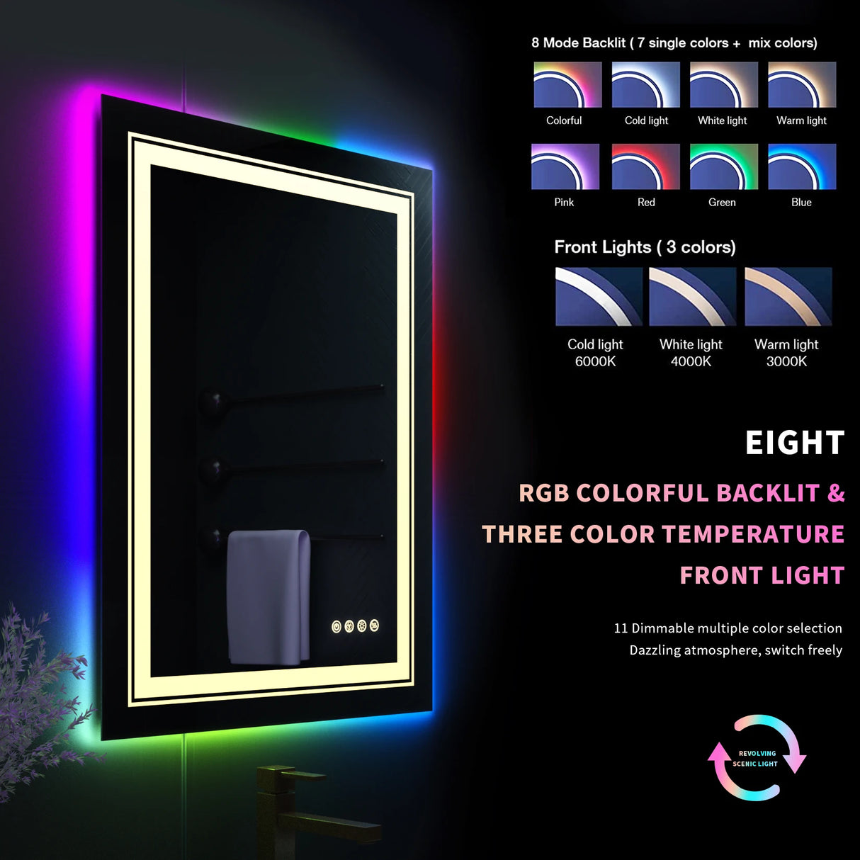 Wall-mounted rectangle RGB LED bathroom mirror with waterproof and anti-fog features
