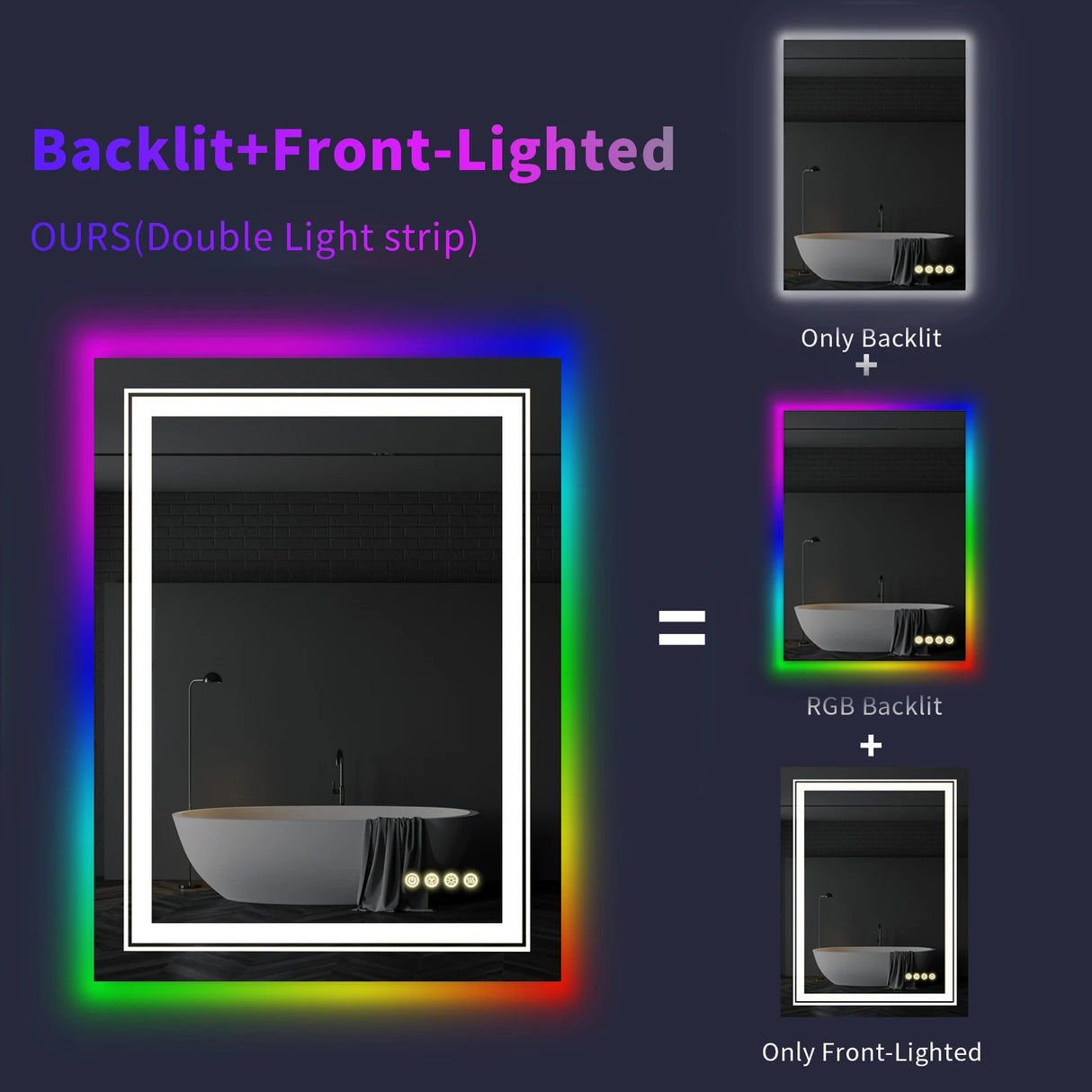 Wall-mounted rectangle RGB LED bathroom mirror with waterproof and anti-fog features
