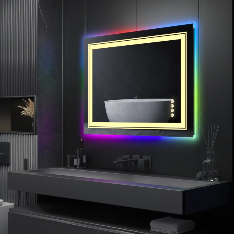 Wall-mounted rectangle RGB LED bathroom mirror with waterproof and anti-fog features