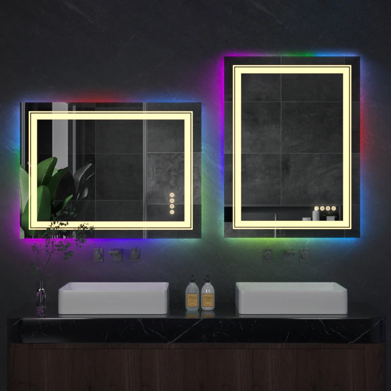 Wall-mounted rectangle RGB LED bathroom mirror with waterproof and anti-fog features