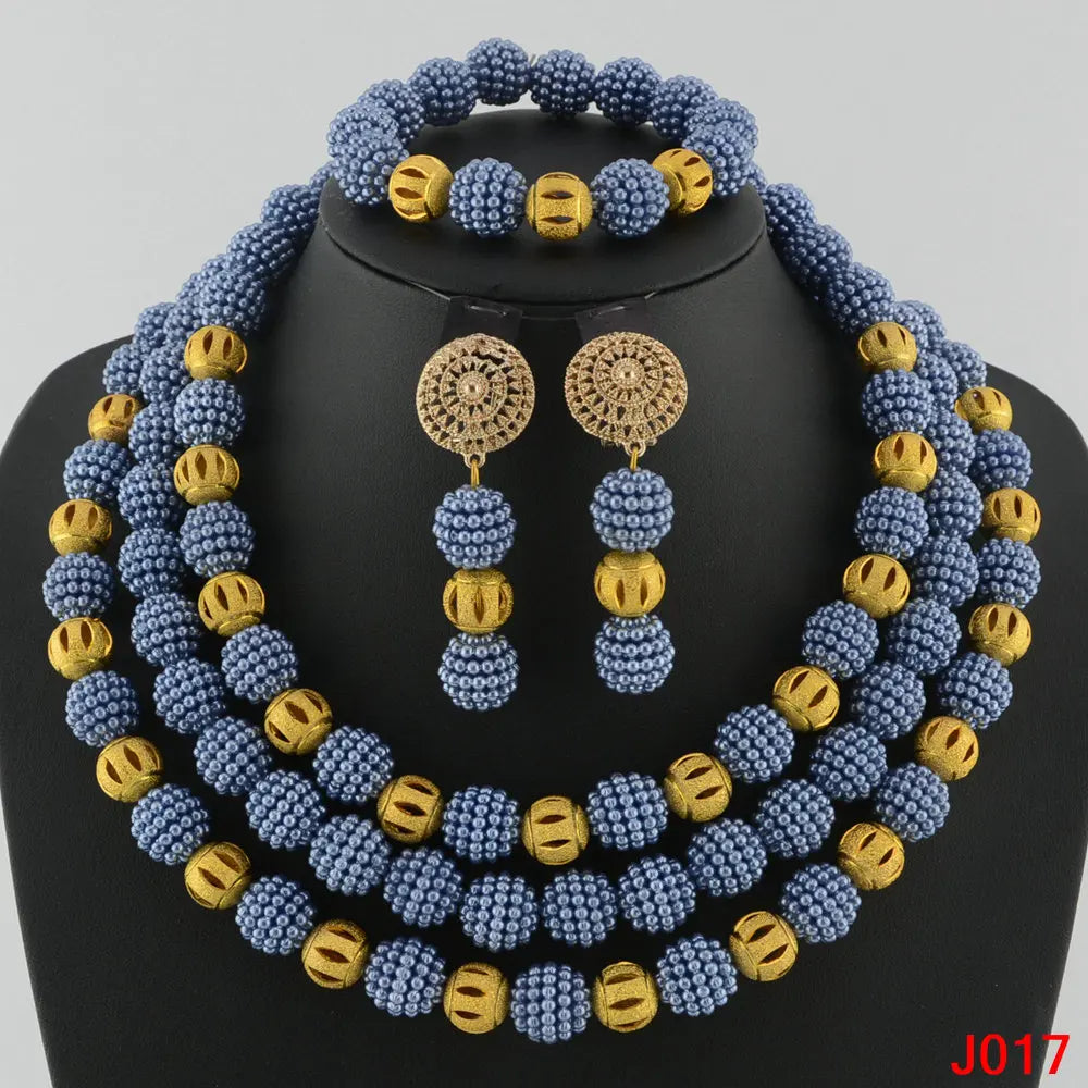 Blue Gold Wedding Beads Bridal Jewelry Set