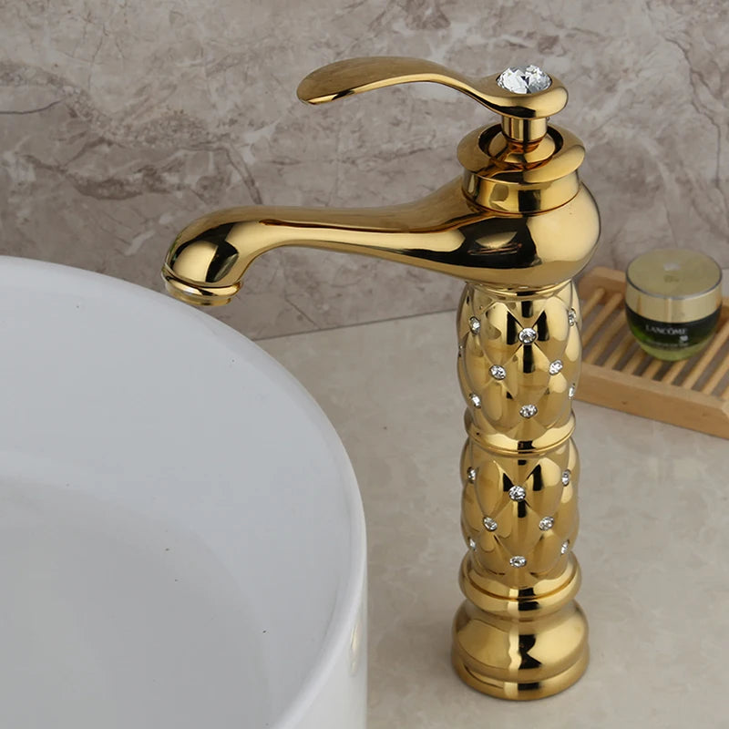 White brass bathroom faucet with single handle for hot and cold water
