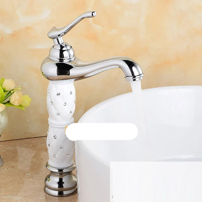 White brass bathroom faucet with single handle for hot and cold water
