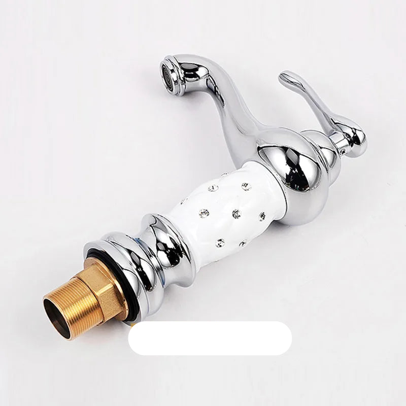 White brass bathroom faucet with single handle for hot and cold water