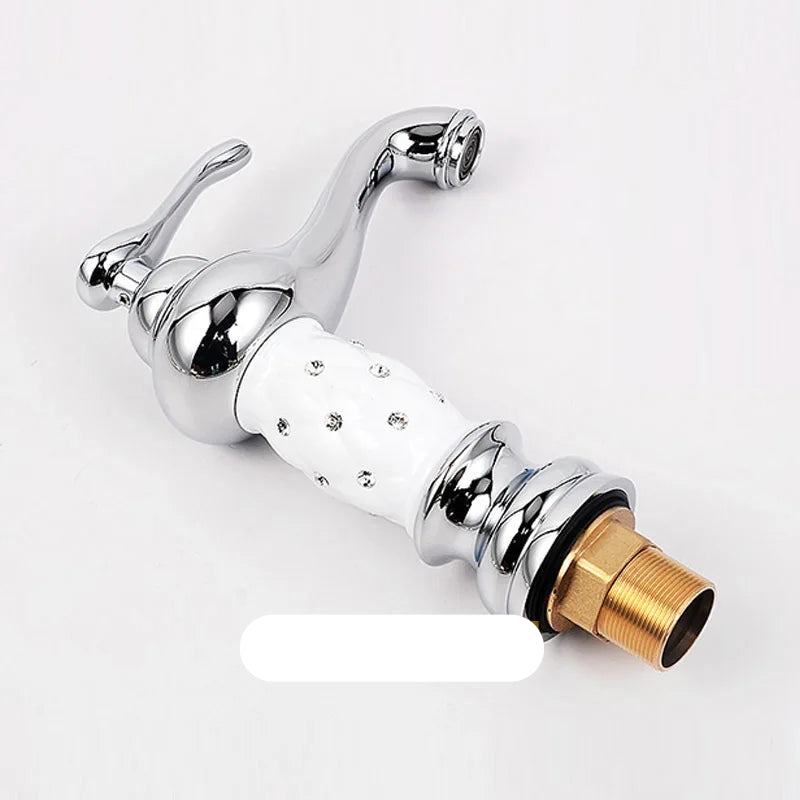 White brass bathroom faucet with single handle for hot and cold water