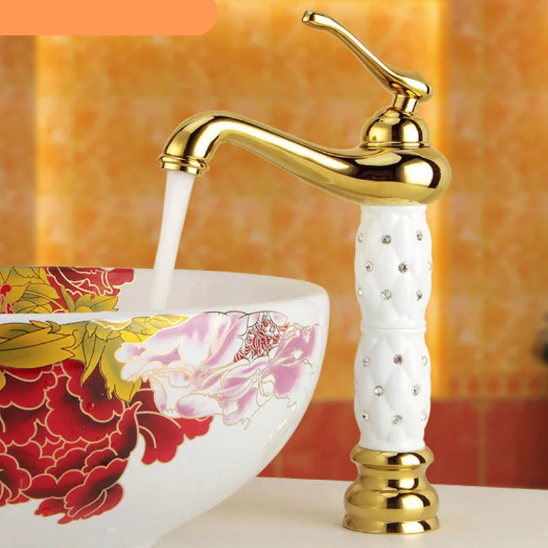 White brass bathroom faucet with single handle for hot and cold water