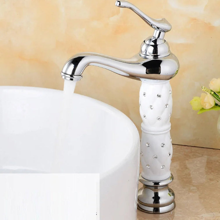White brass bathroom faucet with single handle for hot and cold water