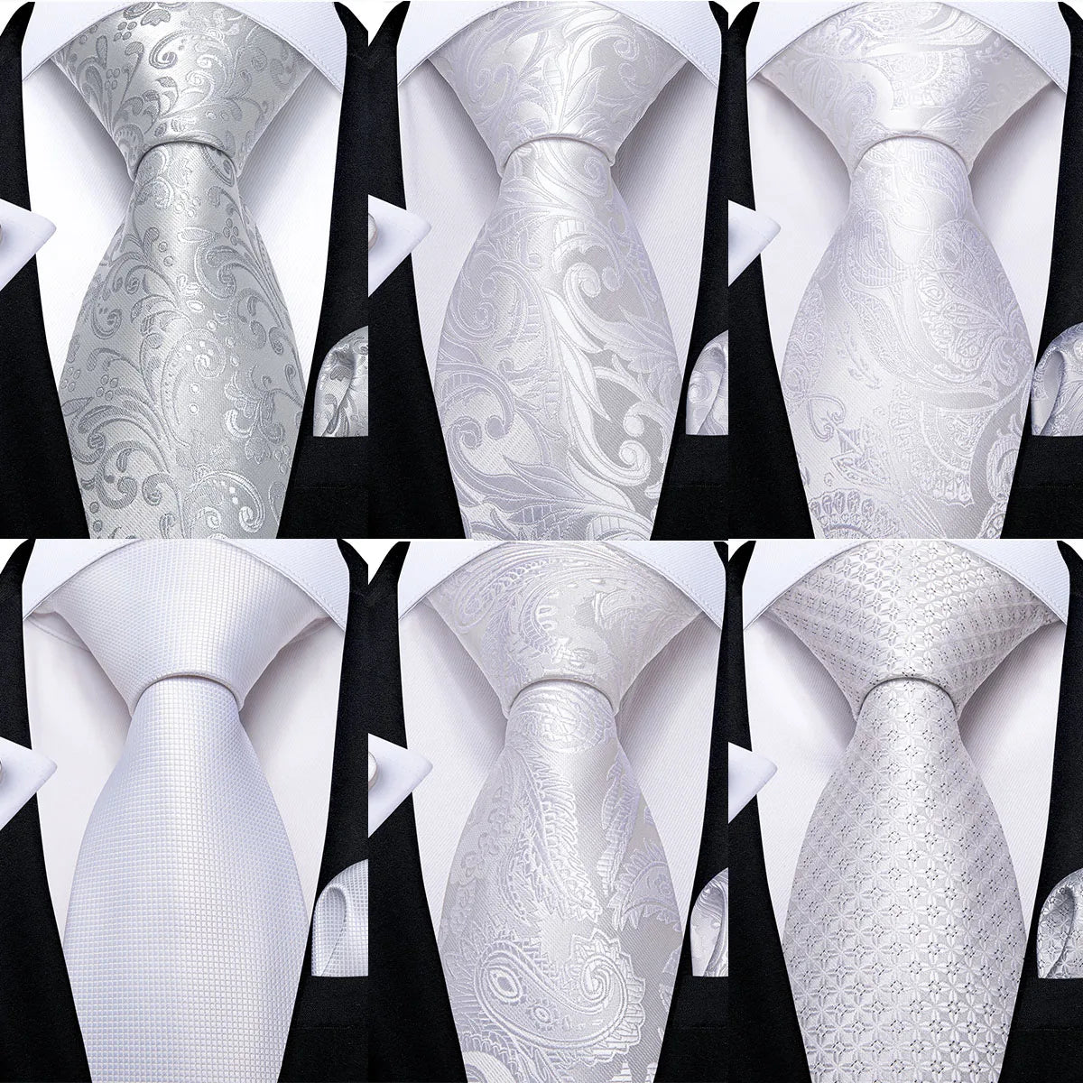 Collection of White Silver Paisley Hanky Cufflink Tie Set