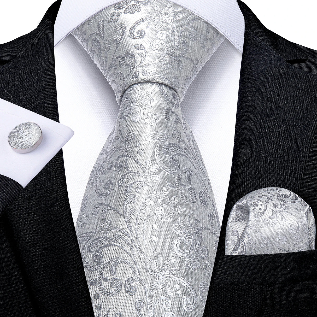 White Silver Paisley Hanky Cufflink Tie Set