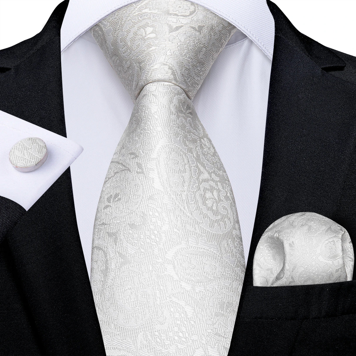 White Silver Paisley Hanky Cufflink Tie Set
