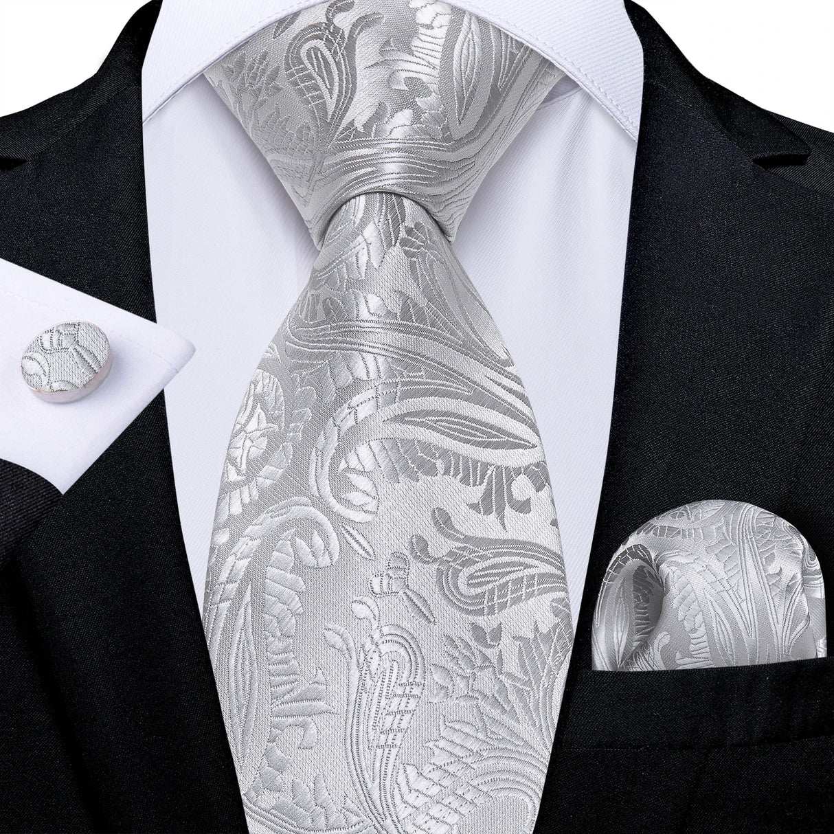White Silver Paisley Hanky Cufflink Tie Set