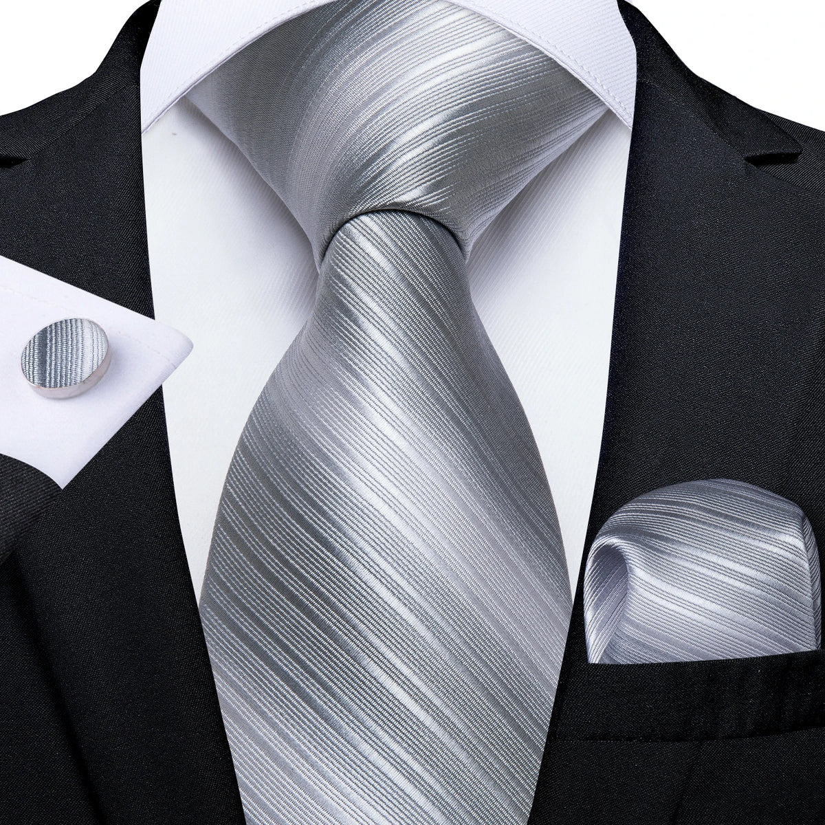 White Silver Paisley Hanky Cufflink Tie Set