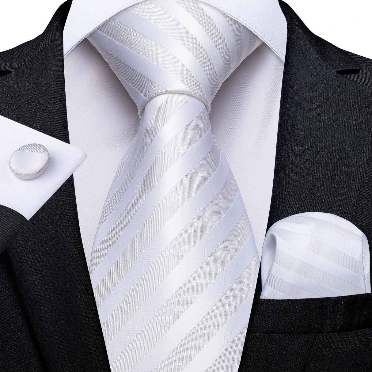 White Silver Paisley Hanky Cufflink Tie Set