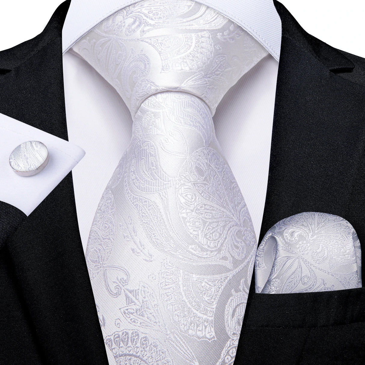 White Silver Paisley Hanky Cufflink Tie Set