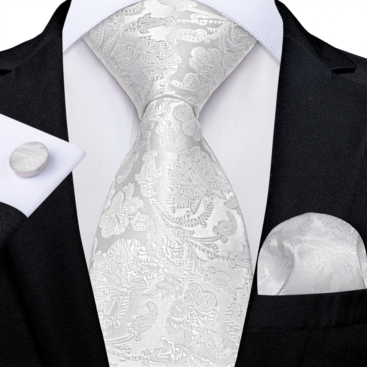 White Silver Paisley Hanky Cufflink Tie Set