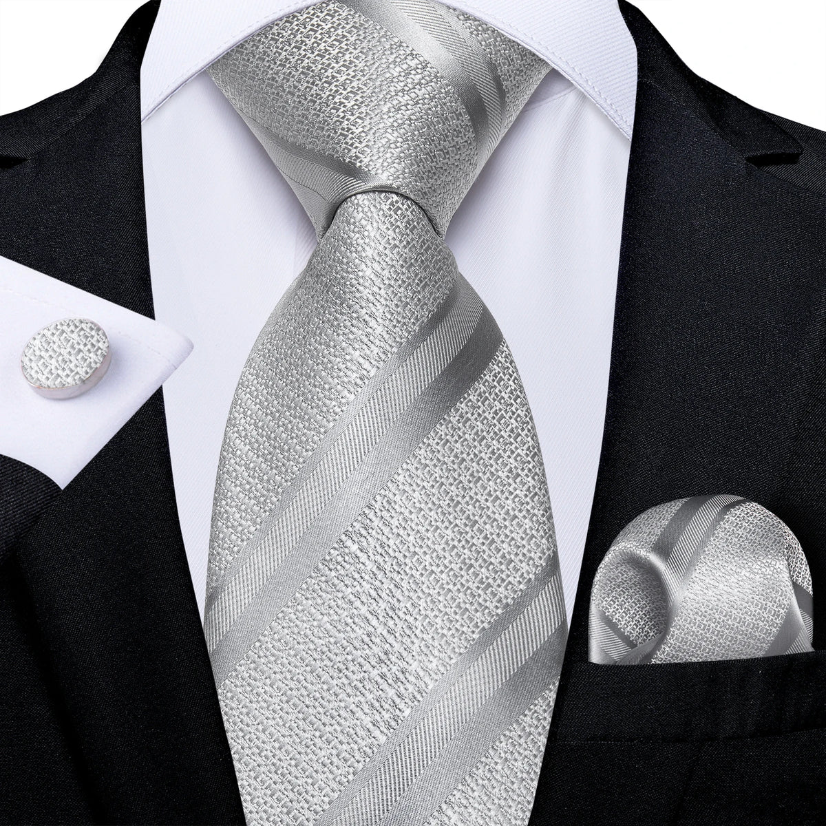 White Silver Paisley Hanky Cufflink Tie Set