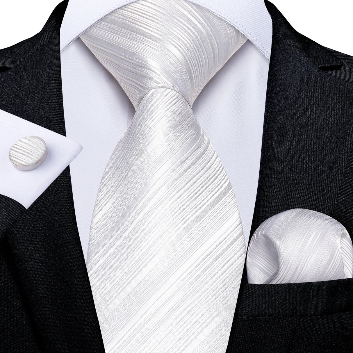 White Silver Paisley Hanky Cufflink Tie Set