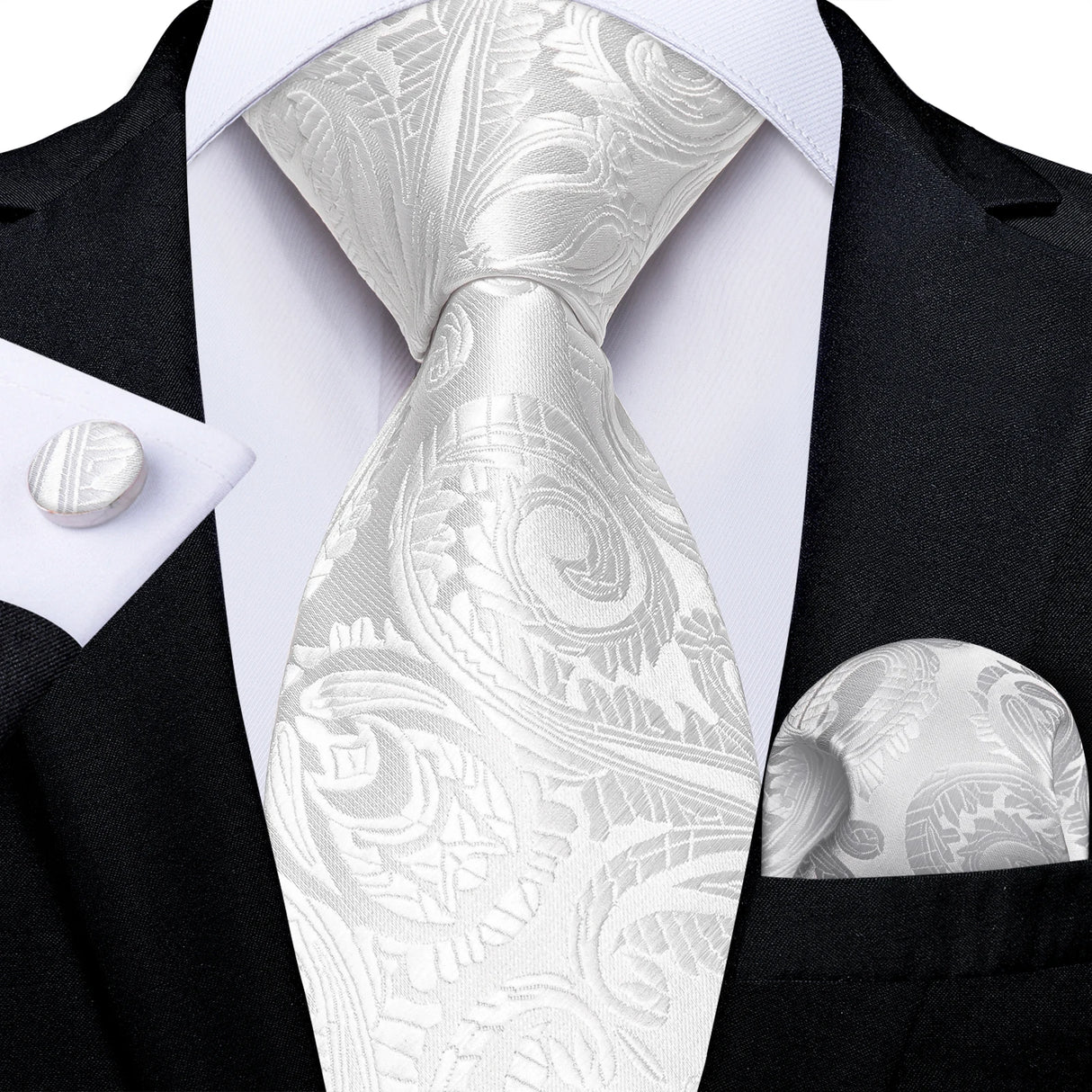 White Silver Paisley Hanky Cufflink Tie Set