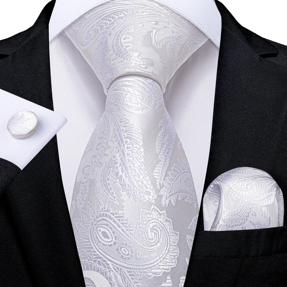 White Silver Paisley Hanky Cufflink Tie Set